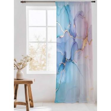 Imagem de Cortina transparente de chiffon azul e rosa turquesa, linha dourada gradiente, moderno, abstrato, bolso para varão, janela, filtro de luz, privacidade, voile, tratamento de janela para sala de estar