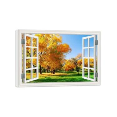 Imagem de Vista da Janela Paisagem Pintura em Tela-Autumn Tree Meadow-Impressão Lona Arte Parede Natural-Decoração Sala Estar 50x70cm Tela Embrulhada