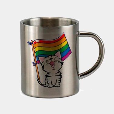 Imagem de Caneca de Inox Premium Prateada 400ml LGBT GATINHO BANDEIRA ORGULHO - 
