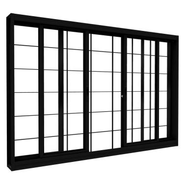 Imagem de Janela de Aço de Correr Central 4 Folhas com Grade Quadrada e Fecho Embutido  Preto