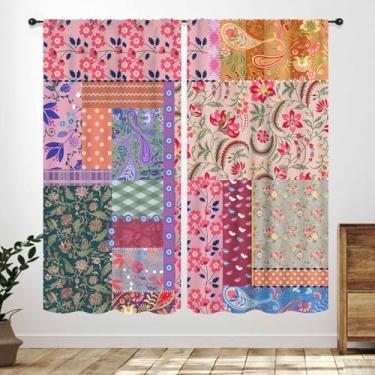 Imagem de Cortinas florais de patchwork, design de emenda de flores silvestres boho retrô estilo paisley, tratamentos de janela para meninas, quarto, sala de estar, cozinha, cortinas 53 cm L x 137 cm C