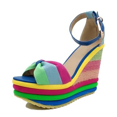 Imagem de Sandálias femininas plataforma alpargatas coloridas salto plataforma sandália com tira no tornozelo, Lona/azul, 38