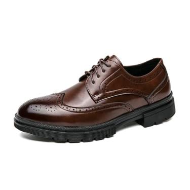 Imagem de Sapato Oxford masculino plataforma de couro com cadarço e ponta de asa, confortável, respirável, sola, estilo brogue, casual, negócios, trabalho, Marrom, 43 BR