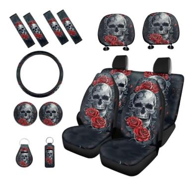 Imagem de PCSJRKG Conjunto completo de 15 peças de capa de assento de carro com estampa de caveira rosa, conjunto de capas de assento dianteiro traseiro com capa de volante capas de cinto de segurança capa de