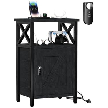 Imagem de runjuly Criado-Mudo De Madeira Com Estação Carregamento, Gavetas Para Mesa Cabeceira, Trava 3 Usb E 2 Tomadas, Armazenamento Criado-Mudo, Mesas Laterais Sala Estar, Quarto, Dormitório, Preto