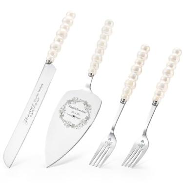 Imagem de BEKESIN Conjunto de faca e servidor de bolo de casamento, conjunto de corte de bolo com cabo de pérola de cerâmica para casamentos, noivados, aniversários e presentes de noivado para casais