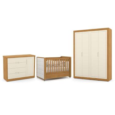 Imagem de Dormitório Tutto New 4 Portas, Cômoda 1 Porta e Berço com Capitonê - Matic Móveis Freijó/Off White