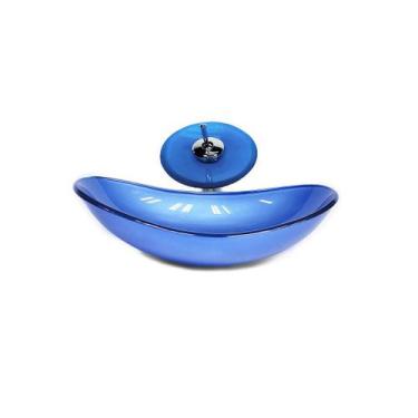 Imagem de Cuba de vidro oval 55cm  azul escuro + valvula + torneira cascata - Cu
