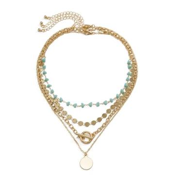 Imagem de GIGB PBDK Boho Western Colares em camadas para mulheres, colares vintage de corrente de ouro, colar gargantilha turquesa com contas, acessórios de joias hippie modernos, presentes, Large, Liga de aço