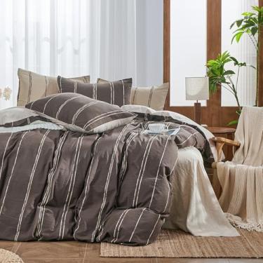Imagem de Simple&Opulence Conjunto de capa de edredom 100% algodão, tamanho Queen, 3 peças, marrom, boêmio, vintage, bordado, listrado, com fecho de botão, capa de edredom texturizada macia e respirável para