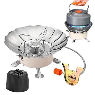 Imagem de Fogão de acampamento portátil, fogão de cozinha de acampamento | Queimador de cassete de aço inoxidável dobrável ajustável com escudo de flores de ignição piezoelétrica à prova de para passeios