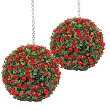 Imagem de Bolas de Buxo Artificiais | Bolas De Buxo Artificiais Com Flores | 2 Peças Resistente Aos Raios UV Penduráveis Ornamentos De Decoração Para Jardim, Terraço, Varanda E Pátio