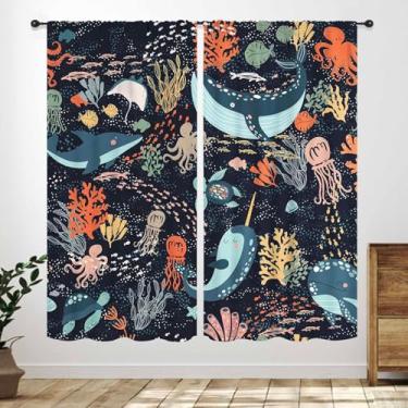 Imagem de Cortinas de desenho animado de tubarão, desenho animado do oceano, peixes, animais, tartaruga, polvo, peixe, engraçado, tema marinho, tratamento de janela para crianças, meninos, berçário, quarto