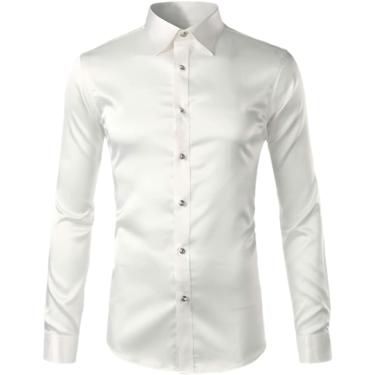 Imagem de Camisas Masculinas De Cetim Brilhante De Seda Como Camisas Sociais Casual Dance Party Camisa De Smoking De Manga Comprida, White, M