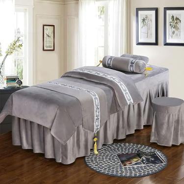 Imagem de Conjuntos De Lençóis De Mesa De Massagem Europeia De Luxo De 4 Peças, Cama De Massagem Corporal Spa Table Skirt Sheet 4 Peças Colcha Com Orifício De Descanso Facial, D, 185x70cm(73x28inch)