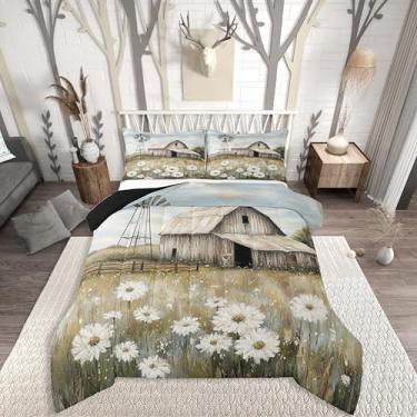 Imagem de Erosebridal Conjunto de cama queen tamanho queen rústico celeiro cena de fazenda, campo rural, flores silvestres, edredom de plumas, todas as estações e macio e aconchegante