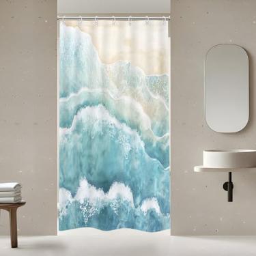 Imagem de Riyidecor Cortina de chuveiro pequena para trailer estreita para decoração de banheiro 91 cm L x 72 A azul petróleo praia costeira cenário de verão oceano natureza arte moderna tecido impresso
