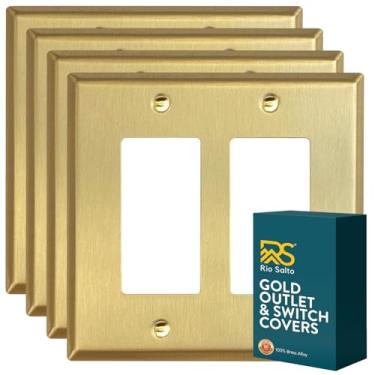 Imagem de Rio Salto Tampa de tomada de metal dourado latão tamanho médio decorador placa de parede de metal resistente à corrosão placa de parede de metal genuíno escovado (balancim 2 bancos, pacote com 4)