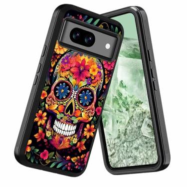 Imagem de DEHJYYIJUY Capa projetada para Google Pixel 8a, à prova de choque, à prova de poeira/queda, 3 camadas, resistente, capa protetora robusta para Google Pixel 8a (6,1 polegadas, 2024), flores de caveira