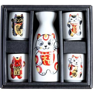 Imagem de ORANGE APRON Conjunto de saquê de cerâmica Mino [Feito no Japão/4 copos de saquê e 1 jarra de saquê]: com gato acenando (Maneki-Neko) em caixa de presente