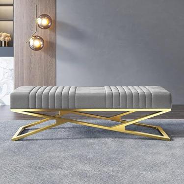 Imagem de Banco Estofado De Veludo De Luxo,banco De Sapato De Entrada Confortável Com Base Dourada,banco De Sofá De Acento Multifuncional De Fim De Cama De Quarto Moderno, Light Gray, 100x38x42cm(39x15x17inch)