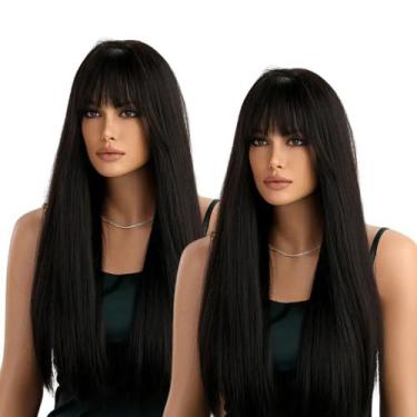 Imagem de Peruca de Fibra Orgânica Lisa Preta com Franja Aparência Natural 70cm 