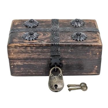 Imagem de Baú de tesouro pirata de madeira feito à mão com fechadura e chave - Inclui acessórios náuticos: bússola, apito do capitão, ampulheta (PP 14 x 8 x 6,25)