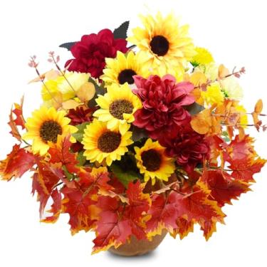 Imagem de DOUBFIVSY 12 pacotes de flores artificiais, buquês de girassol artificiais, caules artificiais de crisântemo, eucalipto, folhas de bordo, flores silvestres falsas para casa, faça você mesmo, jardim