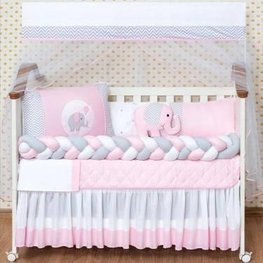 Imagem de Kit Berço Trança Menina 13 Peças Elefantinho Saia Rosa