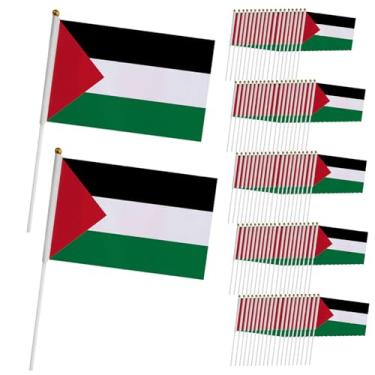 Imagem de Pequena bandeira da Palestina 100 peças mini bandeiras de país com mastro de plástico 14 x 21 cm dupla face bandeira da Palestina em varas decorações resistentes ao desbotamento