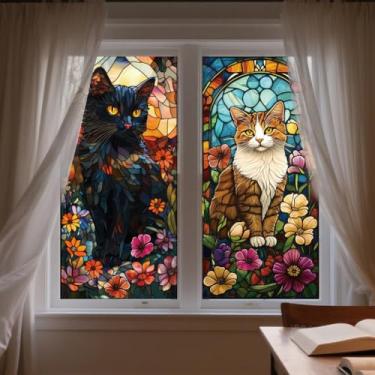 Imagem de ANATTASOUL Adesivos de janela estática gato preto e gato laranja 1 folha reutilizável decalque de janela para vidro, 120 cm x 30 cm adesivo de janela dupla face removível para quarto, escritório