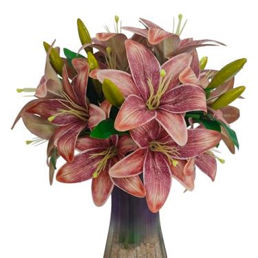 Imagem de Flores de lírios artificiais, 9 peças de flores de lírio falsas, ramos de lírio de tigre de 40 cm com 2 flores completas e 1 botão, plantas falsas de lírios falsos para arranjos florais de buquê de