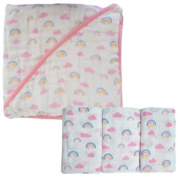 Imagem de Kit 1 Toalha Banho Bebê Fralda Soft Capuz + 3 Fralda Pano de Ombro Com
