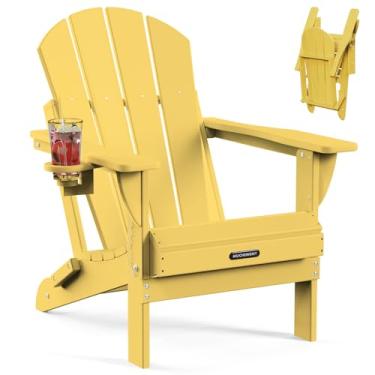 Imagem de MUCHENGHY Cadeiras dobráveis Adirondack, cadeiras de pátio, cadeiras de gramado, cadeira de exterior, cadeira Adirondack de plástico, fogueira, resistente ao clima com suporte de copo para deck