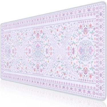 Imagem de HAOCOO Tapete de mesa floral vintage, tapete de mouse roxo fofo, teclado grande de 89,9 cm x 39,9 cm, acessórios de mesa de flores estéticas, tapete de mesa impermeável para professores para trabalho