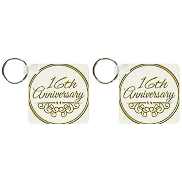 Imagem de Presente de aniversário de 16 anos da 3dRose – texto dourado para celebrar aniversários de casamento – chaveiros, 5,7 x 5,7 cm, conjunto de 2 (kc_154458_1)