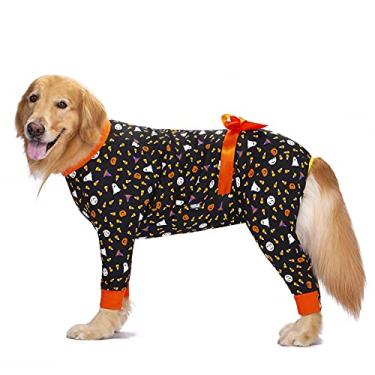 Imagem de Miaododo Vestido de pijama para cães médio e grande, estampa de abóbora, fita leve, pulôver para cachorro, macacão de cobertura total para cães (32, abóbora laranja)