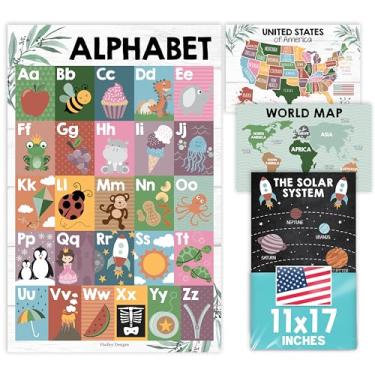 Imagem de 4 pôsteres de alfabeto, mapa dos Estados Unidos, mapa-múndi e sistema solar - Tabelas ABC laminadas para decoração de parede de crianças, pôsteres de fazendas para jardim de infância, sala de aula