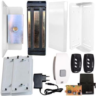 Imagem de Kit Fechadura Magnética Eletroímã Botoeira Sem Fio Controles Blindex P