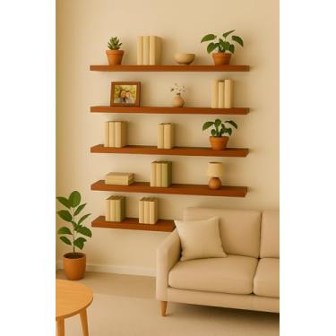 Imagem de Prateleira Flutuante de Madeira com Suporte Invisível, Marrom, Montagem na Parede, Fixação Embutida (Marrom avermelhado, 100cm, 6)