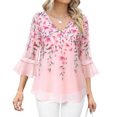 Imagem de Blusa feminina Bebonnie com babados, manga 3/4, decote em V, rosa chif