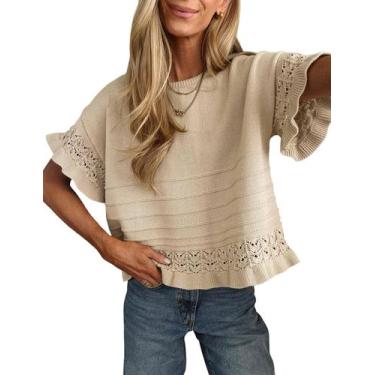 Imagem de Suéter feminino Yeokou, manga curta, babados, bainha, crochê