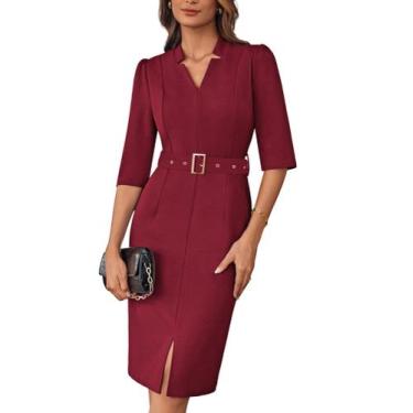 Imagem de Vestido de trabalho GRACE KARIN com decote em V, manga 3/4, vinho tint