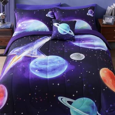 Imagem de Wink Deer Conjunto de edredom infantil casal para meninos, foguete espacial que brilha no escuro, 1 edredom, 1 travesseiro decorativo, 2 fronhas