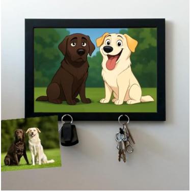 Imagem de Porta-Chaves/Porta-Coleiras Personalizado com Quadro Cartoon Cachorro Cão Gato Moldura Inclusa Pronto para Pendurar Decoração Funcional para Parede