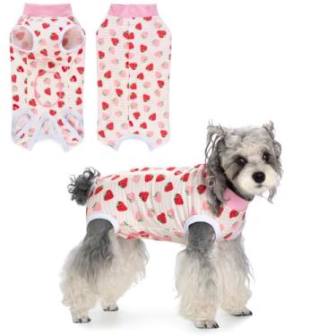 Imagem de Traje de recuperação para cães após a cirurgia, macacão de recuperação de cirurgia para fêmea, macacão de pijama cirúrgico macio para filhote para evitar lamber cone de cachorro alternativo morango P