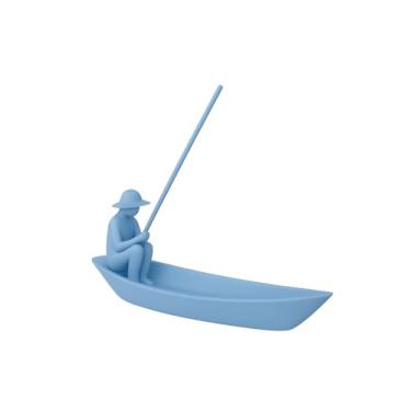 Imagem de Porta-Incenso Decorativo em Barco com Pescador, 22 cm, Design Zen, Branco (azul)