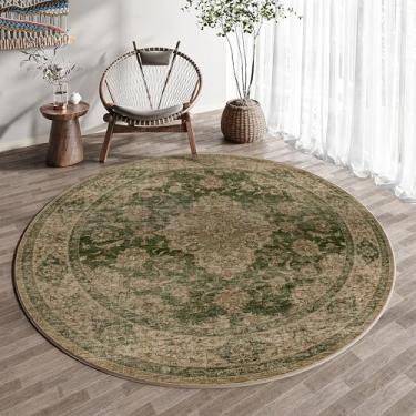 Imagem de HUGEAR Tapete redondo de 1,5 m, lavável à máquina, retrô, verde, corredor, 12,5 x 12,8 cm, pequeno círculo, tapete floral, de pelo baixo, tapete macio, sala de estar, escritório, lavanderia, entrada