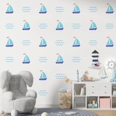 Imagem de Adesivo de Parede Infantil Marinheiro 02 Veleiro com ondas, tema náutico para quarto de bebê ou menino