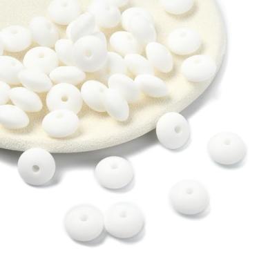 Imagem de Echoed Elegance 100 peças de contas espaçadoras de lentilha de silicone de 12 mm, contas de abaco de cores mistas para chaveiro, colar, pulseira e caneta suprimentos de artesanato (branco)